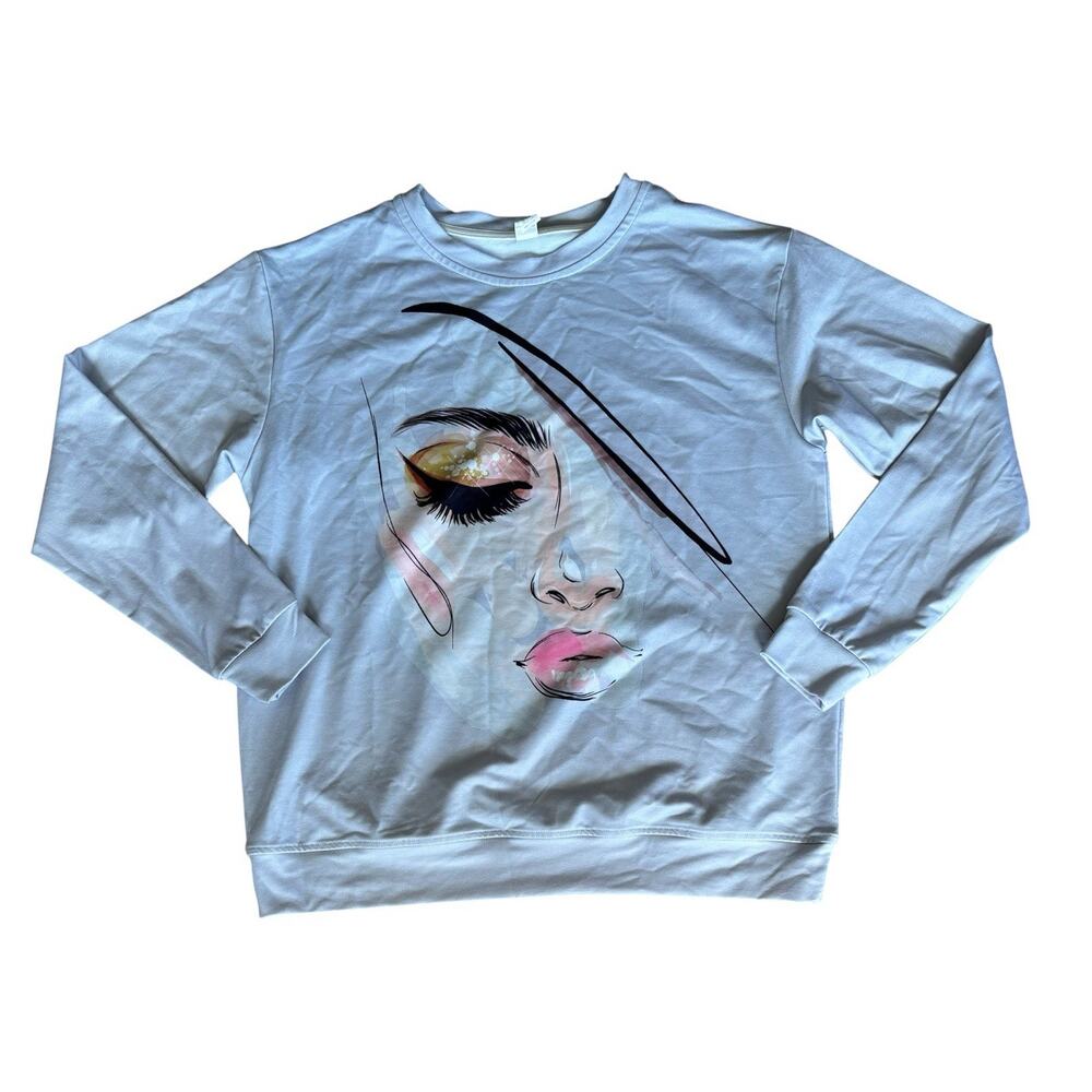 Pixie Lady Abstract Face Graphic Sweatshirt Crewneck Baby Blue Sz M Artsy